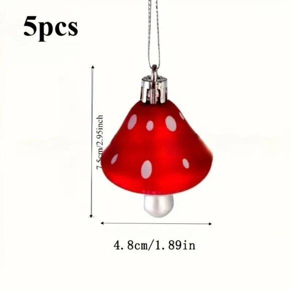 5pcs Rustic Mushroom Christmas Tree Ornaments - Red & White Polka Dot Decor - Picture 3 of 3